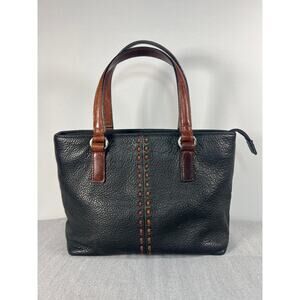 Fossil Leather Tote Bag, Black pebbled leather with brown handles.